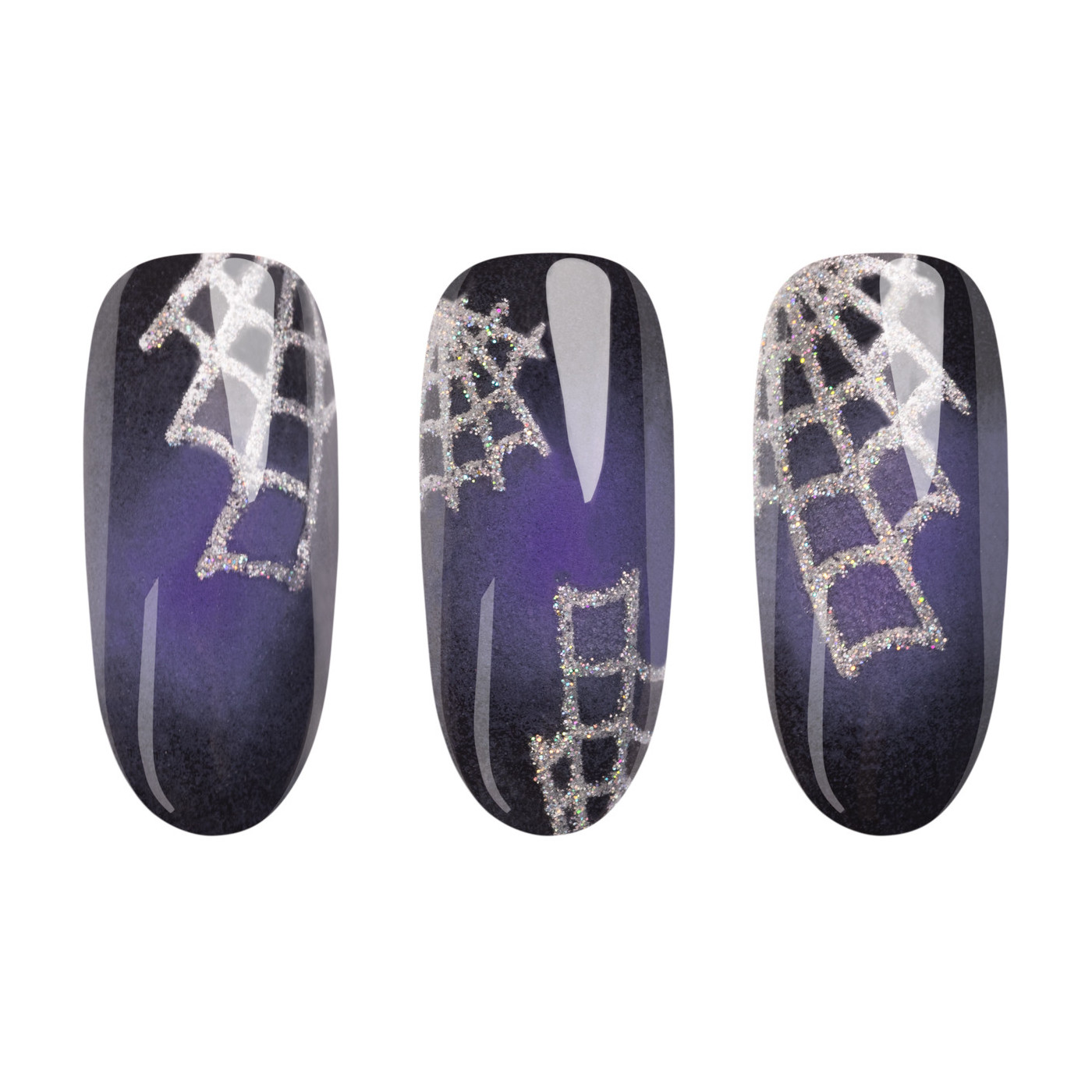 Třpytivé stříbrné nail art samolepky 04: Spider Webs – halloweenské nehty se vzorem pavučiny